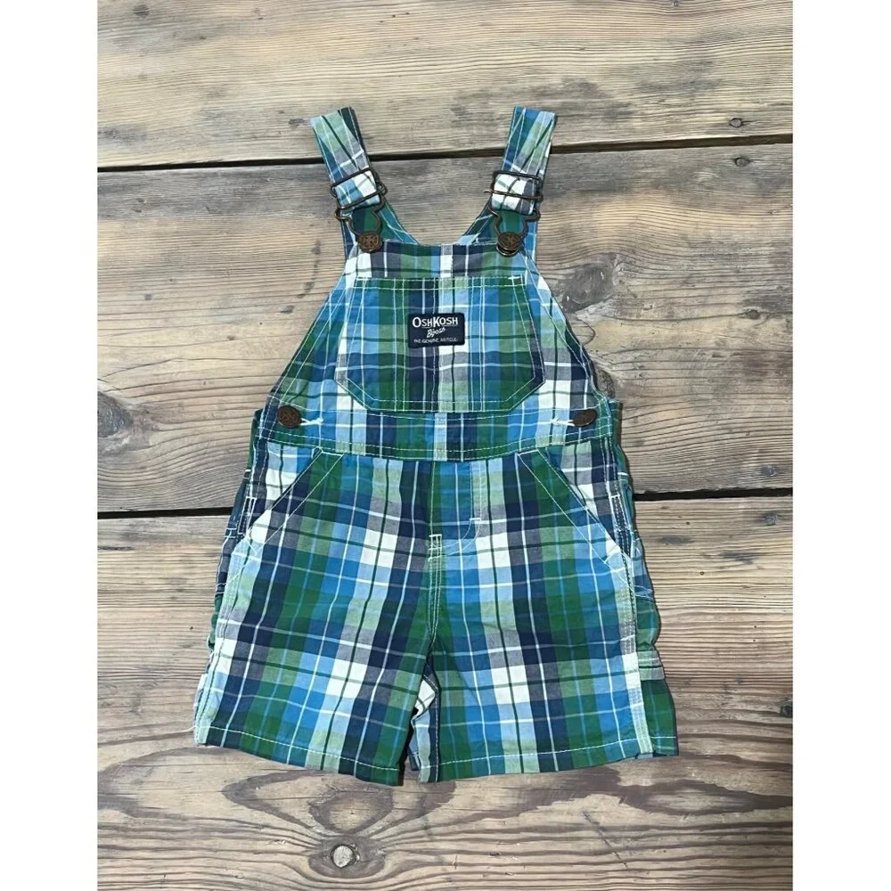 Oshkosh B'gosh Bib Overall Shorts Baby 12 Mos Blue Plaid Y2K